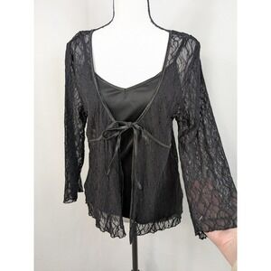 90s Y2K Whimsigoth Black Lace Top Tie Front Sheer Lace Dark Fairy Romantic A076